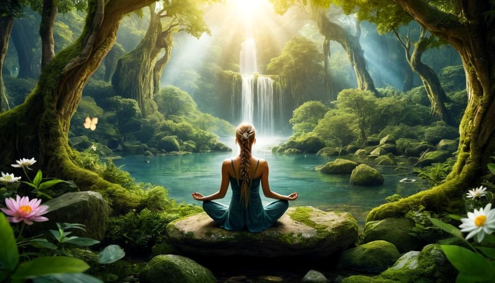 Empata em harmonia com a natureza, cercado de energia positiva.