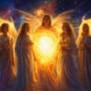 Sete arcanjos rodeados por luz, simbolizando proteção e cura divina