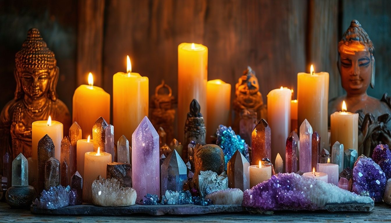 Altar espiritual decorado com velas, cristais e imagens sagradas, representando um espaço sagrado e harmonioso.