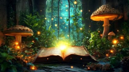 Imagem de várias plantas mágicas usadas em rituais, incluindo alecrim, lavanda, e arruda, representando proteção e prosperidade