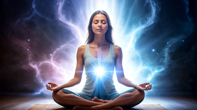 meditando envolta por uma luz mística