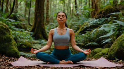Mulher de alta vibração meditando na natureza