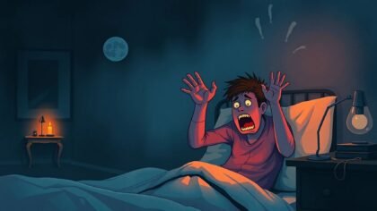 Ilustração sombria de uma pessoa assustada acordando de um pesadelo