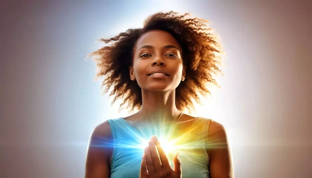 mulher de aura poderosa brilhante irradiando energia curativa